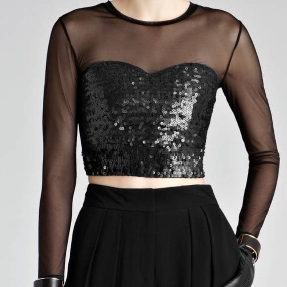 Reiss Tops Reiss Black Sequin Crop Top Poshmark